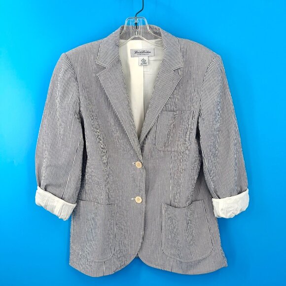 BROOKS BROTHERS WOMEN'S BLUE & WHITE STRIPED SEERSUCKER BLAZER JACKET - 6 - Picture 1 of 11
